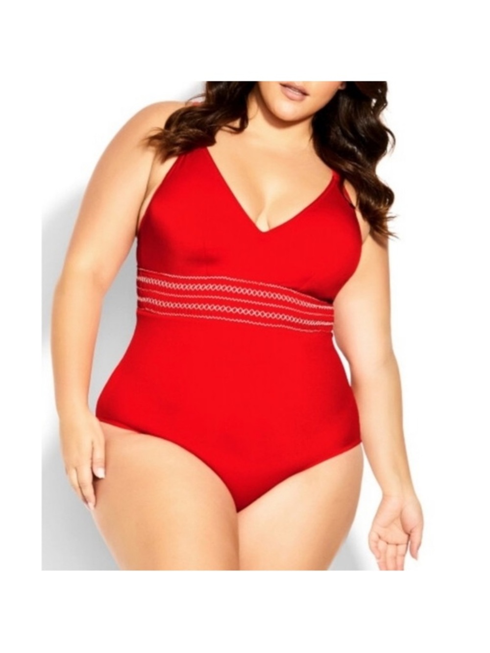 City Chic Red V-Neck One-Piece Swimsuit with Waist Trim